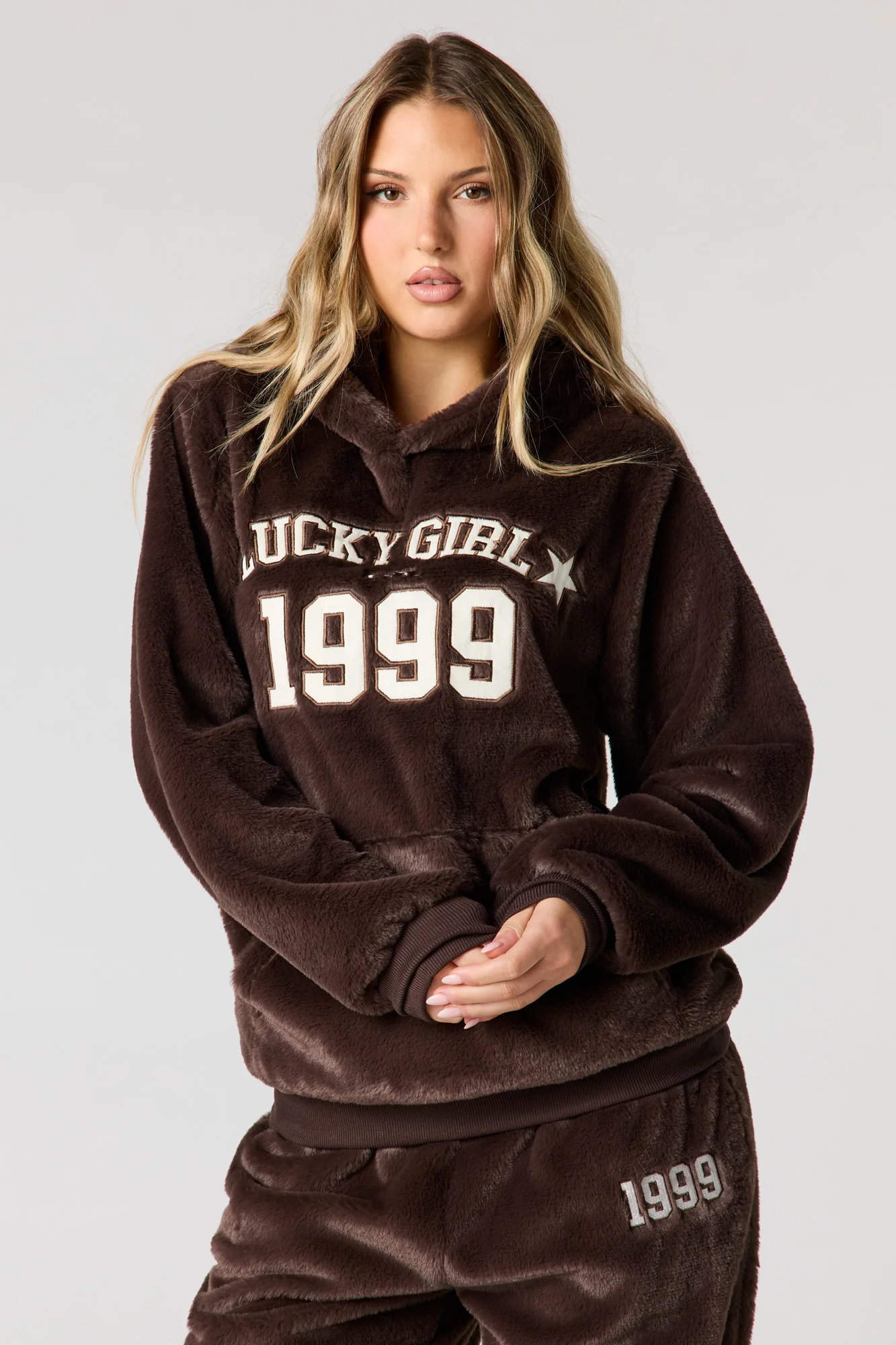 Embroidered Oversized Faux Fur Hoodie - Image 7