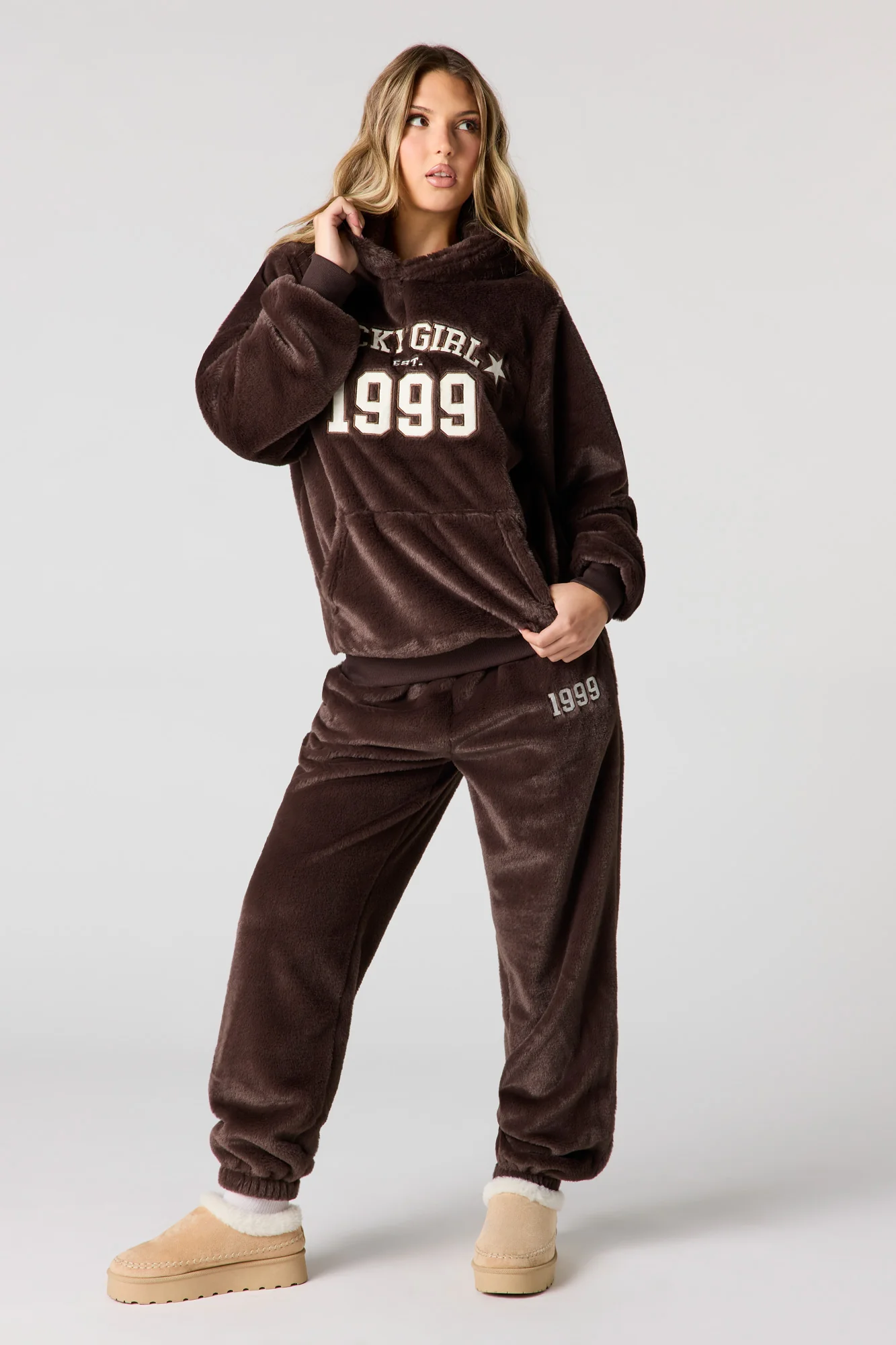 Embroidered Oversized Faux Fur Hoodie - Image 9
