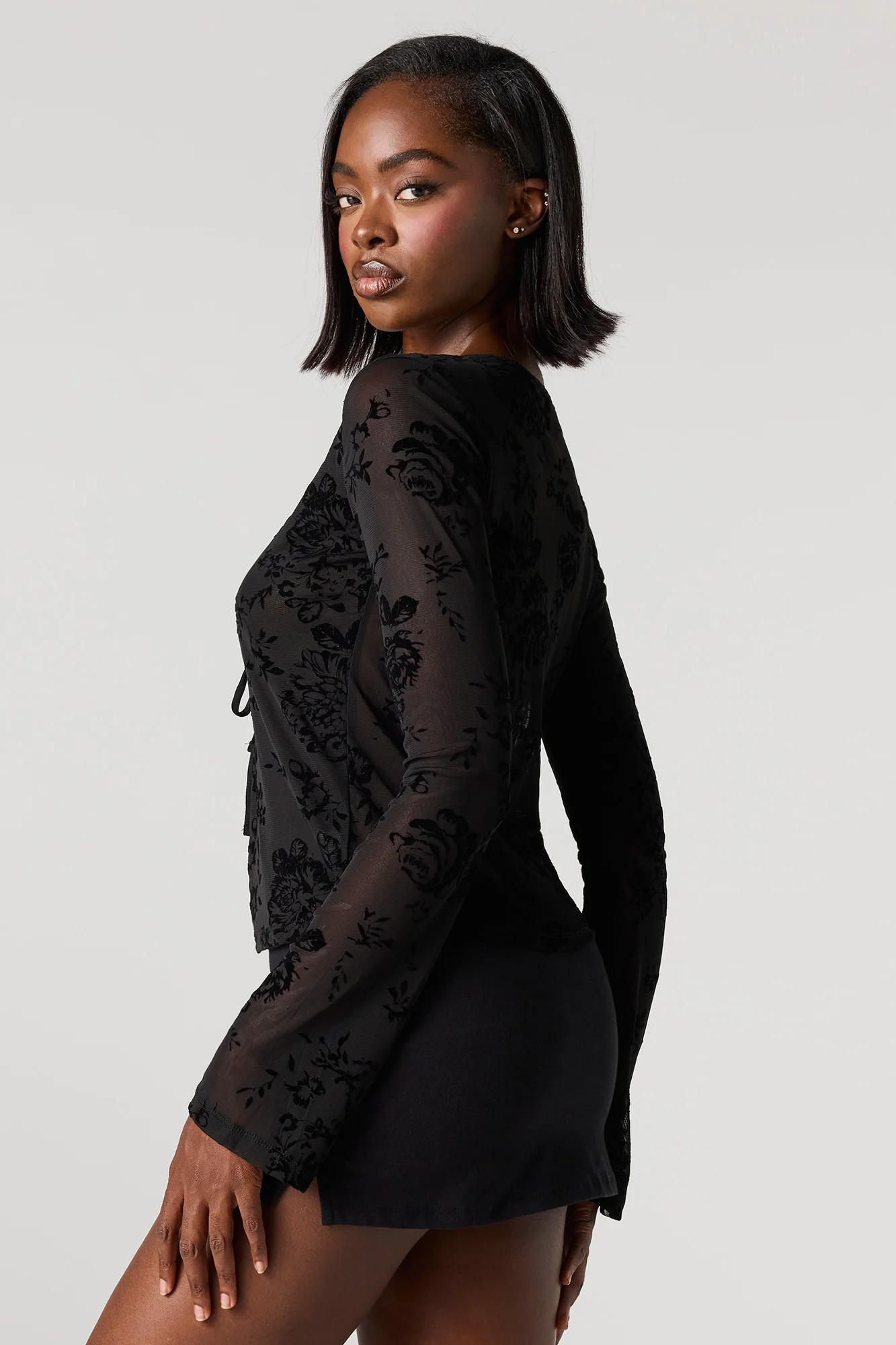 Floral Flocked Print Front-Tie Flyaway Top - Image 5