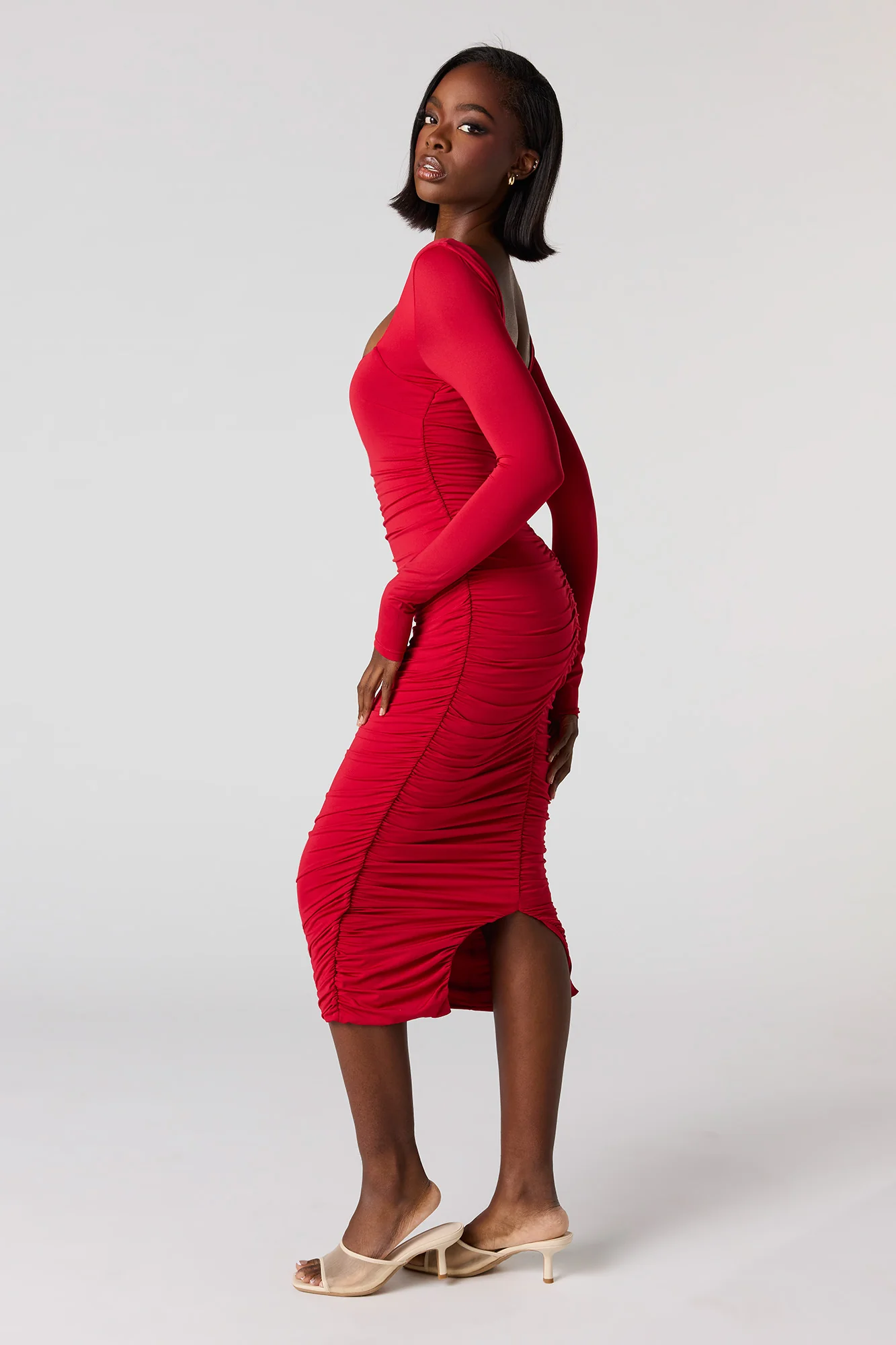 Ruched Long Sleeve Braless Midi Dress - Image 8