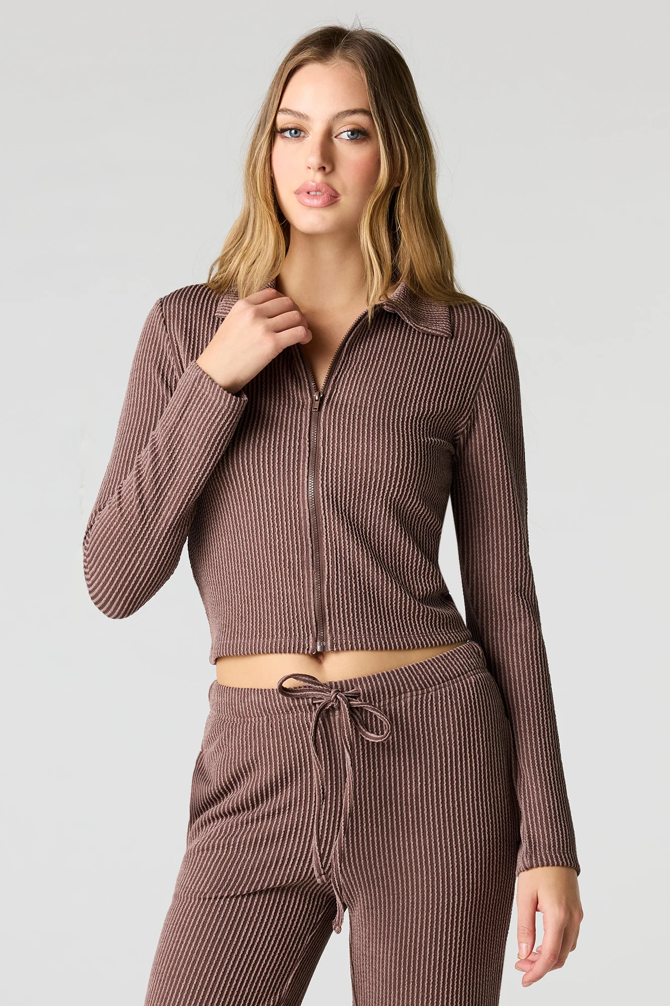 Ribbed Knit Long Sleeve Zip-Up Top