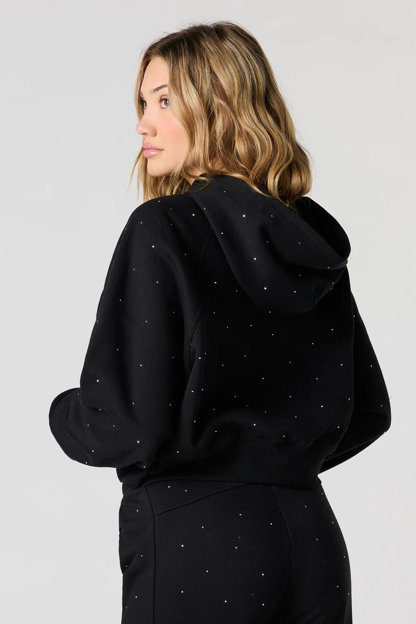 Fleece Rhinestone Cropped Hoodie - Image 2