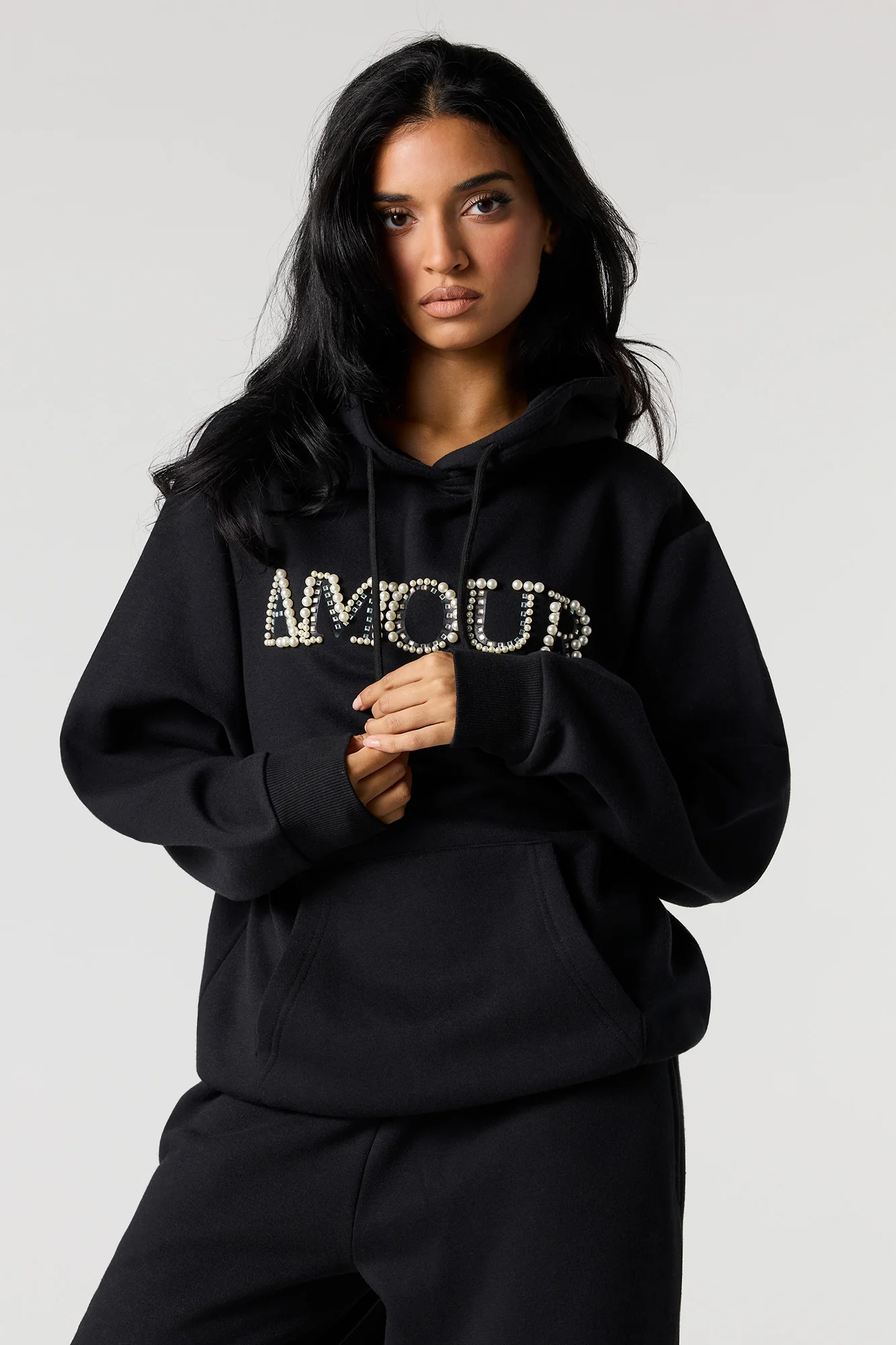 Rhinestone Faux Pearl Fleece Hoodie - Image 4