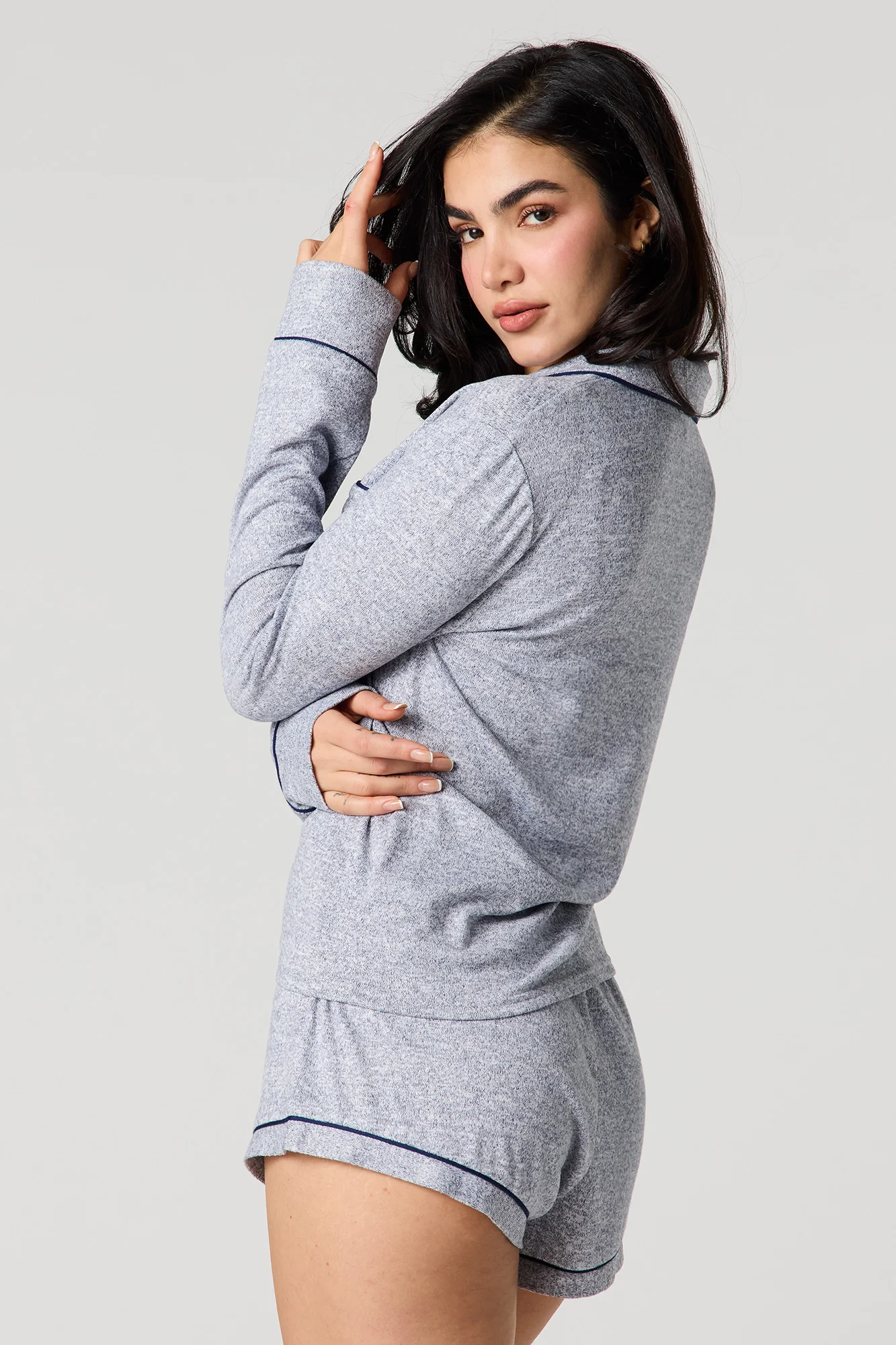 Collared Long Sleeve Top & Short Pajama Set - Image 8
