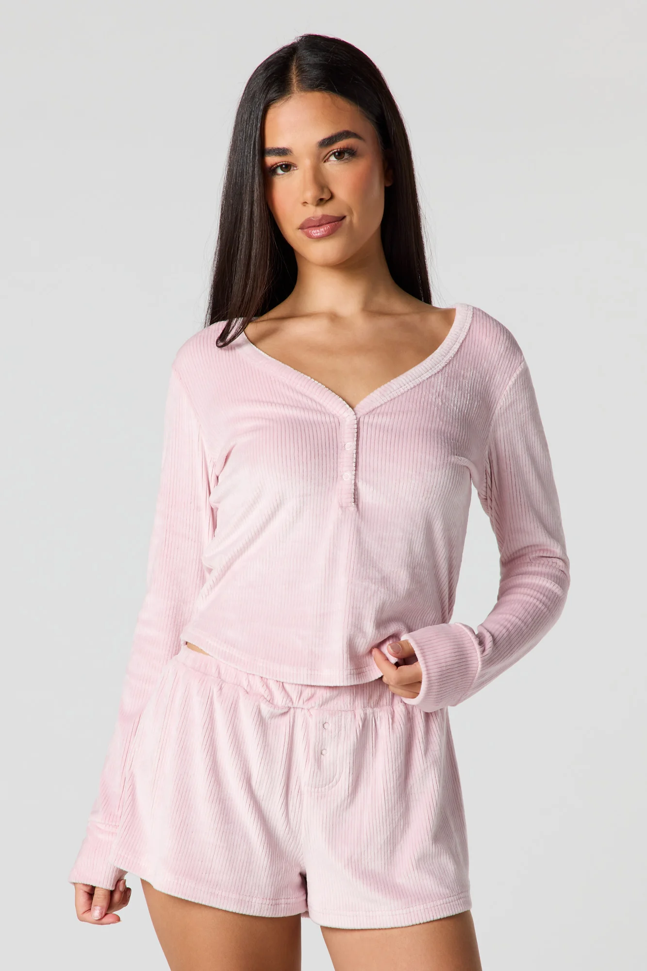 Velour Long Sleeve Top & Short Pajama Set - Image 13