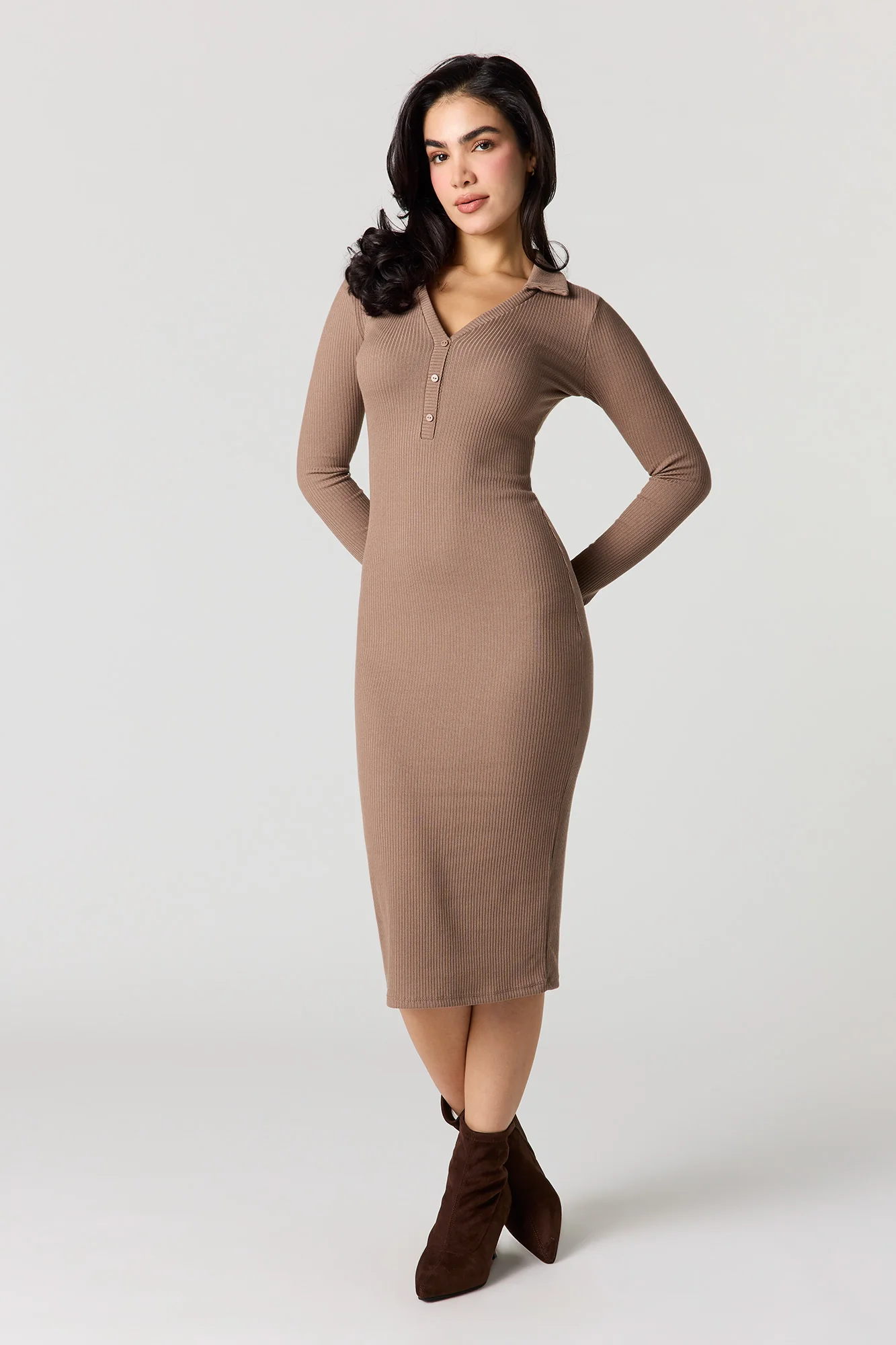 Ribbed Knit Collared Long Sleeve Dress - Image 7