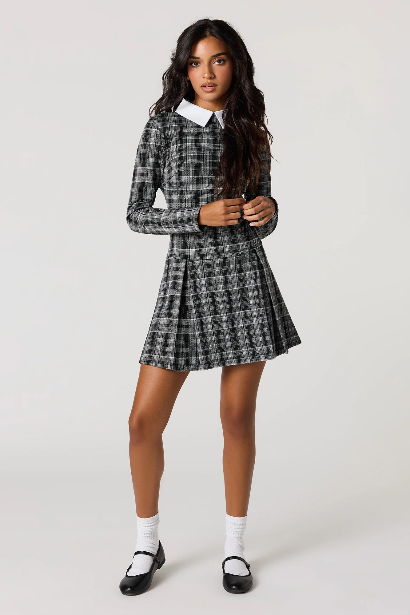 Collared Long Sleeve Pleated Mini Dress - Image 3