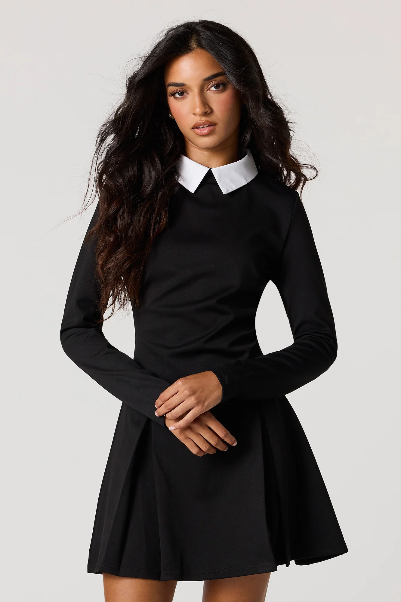 Collared Long Sleeve Pleated Mini Dress - Image 4
