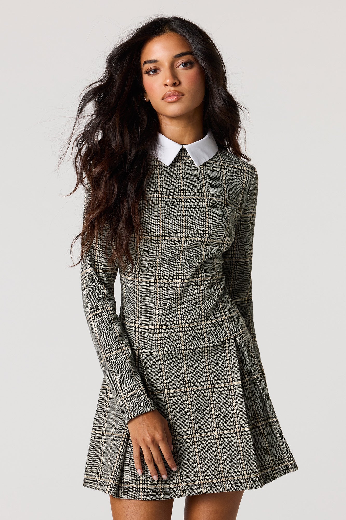Collared Long Sleeve Pleated Mini Dress - Image 7