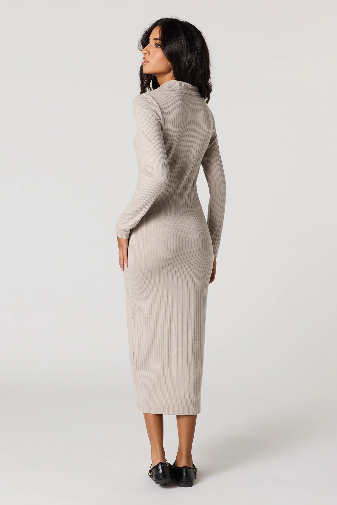 Ribbed Button-Up Collared Midi Dress - Image 3