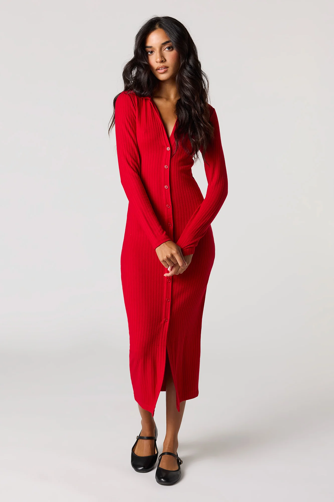 Ribbed Button-Up Collared Midi Dress - Image 4