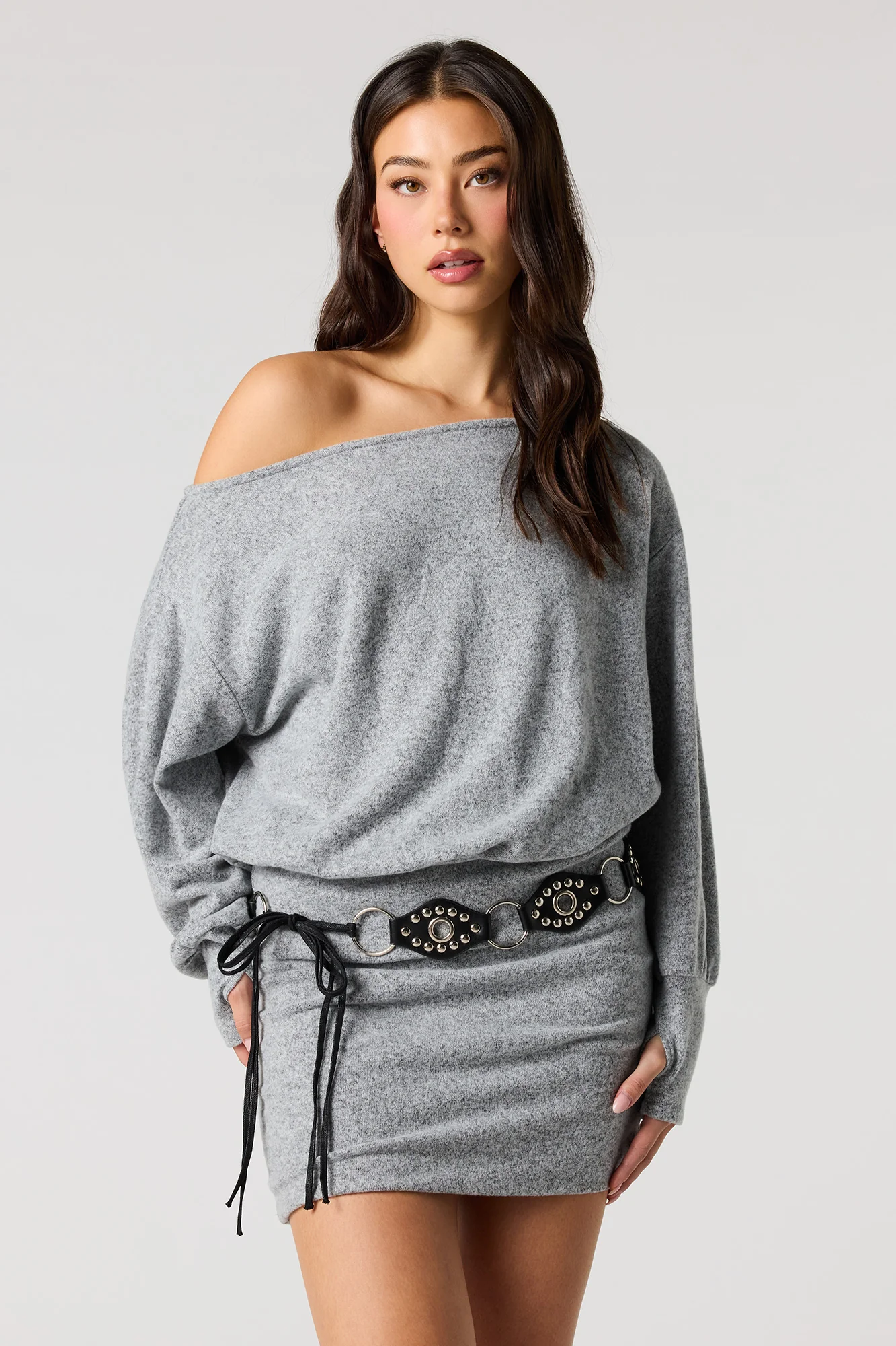 Knit Off Shoulder Long Sleeve Mini Dress - Image 8