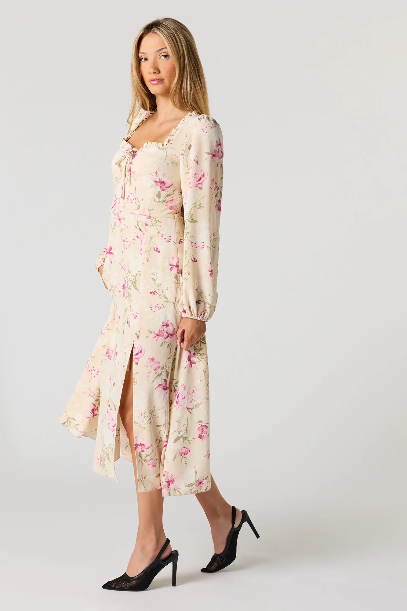 Floral Printed Long Sleeve Midi Dress - Image 2