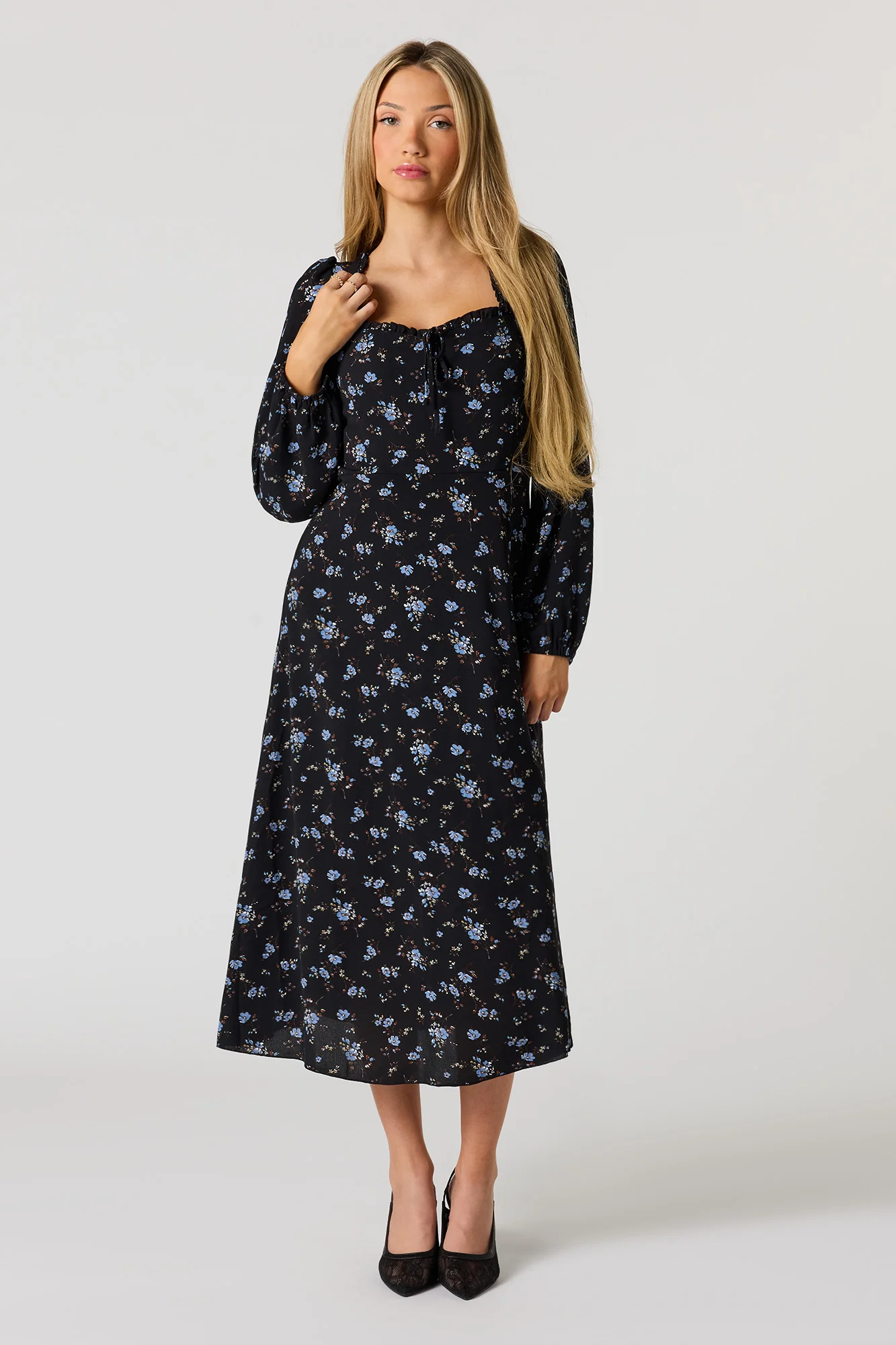 Floral Printed Long Sleeve Midi Dress - Image 7