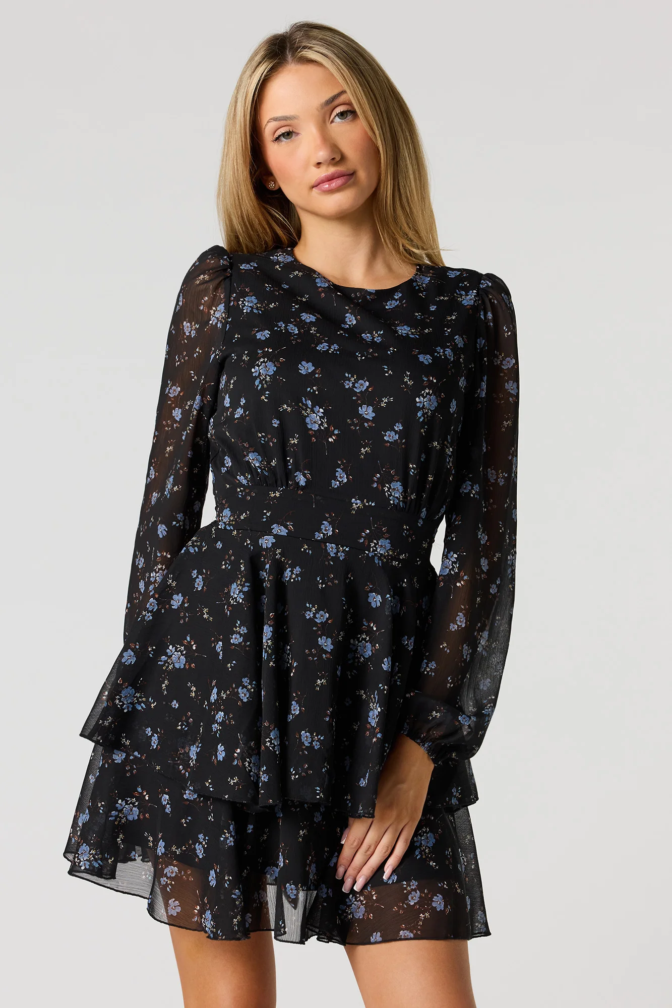 Chiffon Tiered Long Sleeve Mini Dress
