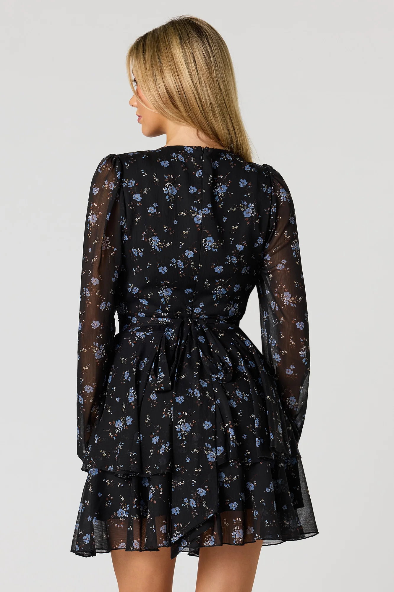 Chiffon Tiered Long Sleeve Mini Dress - Image 2