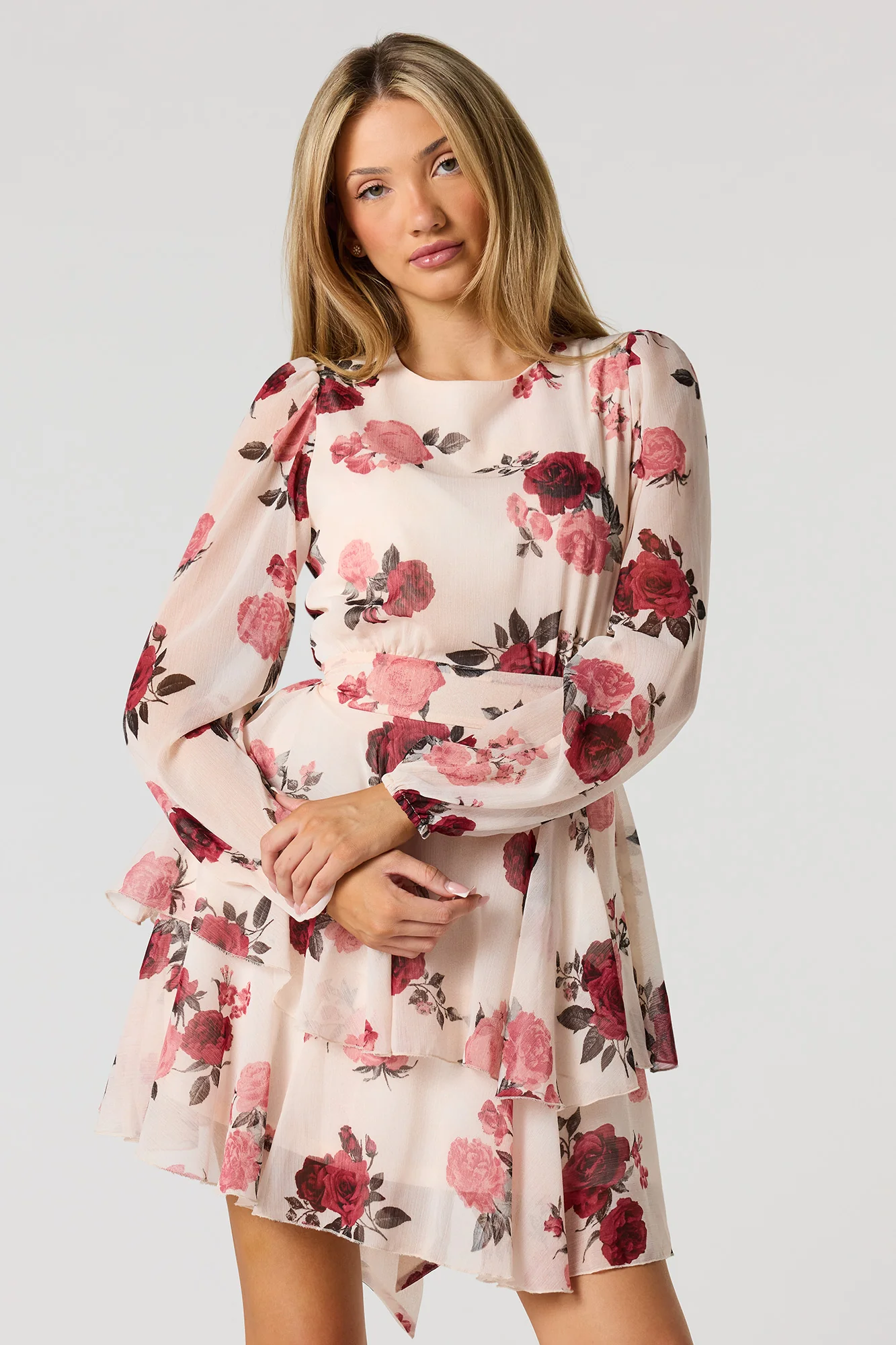 Chiffon Tiered Long Sleeve Mini Dress - Image 4