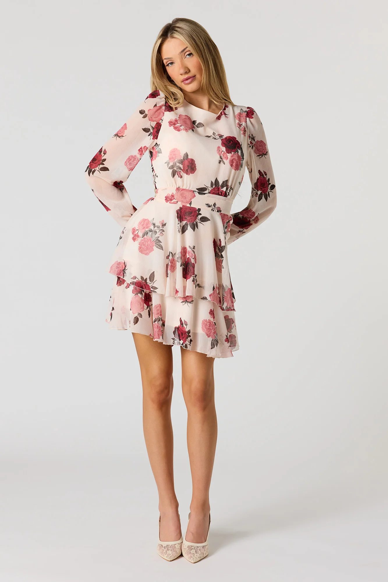 Chiffon Tiered Long Sleeve Mini Dress - Image 6