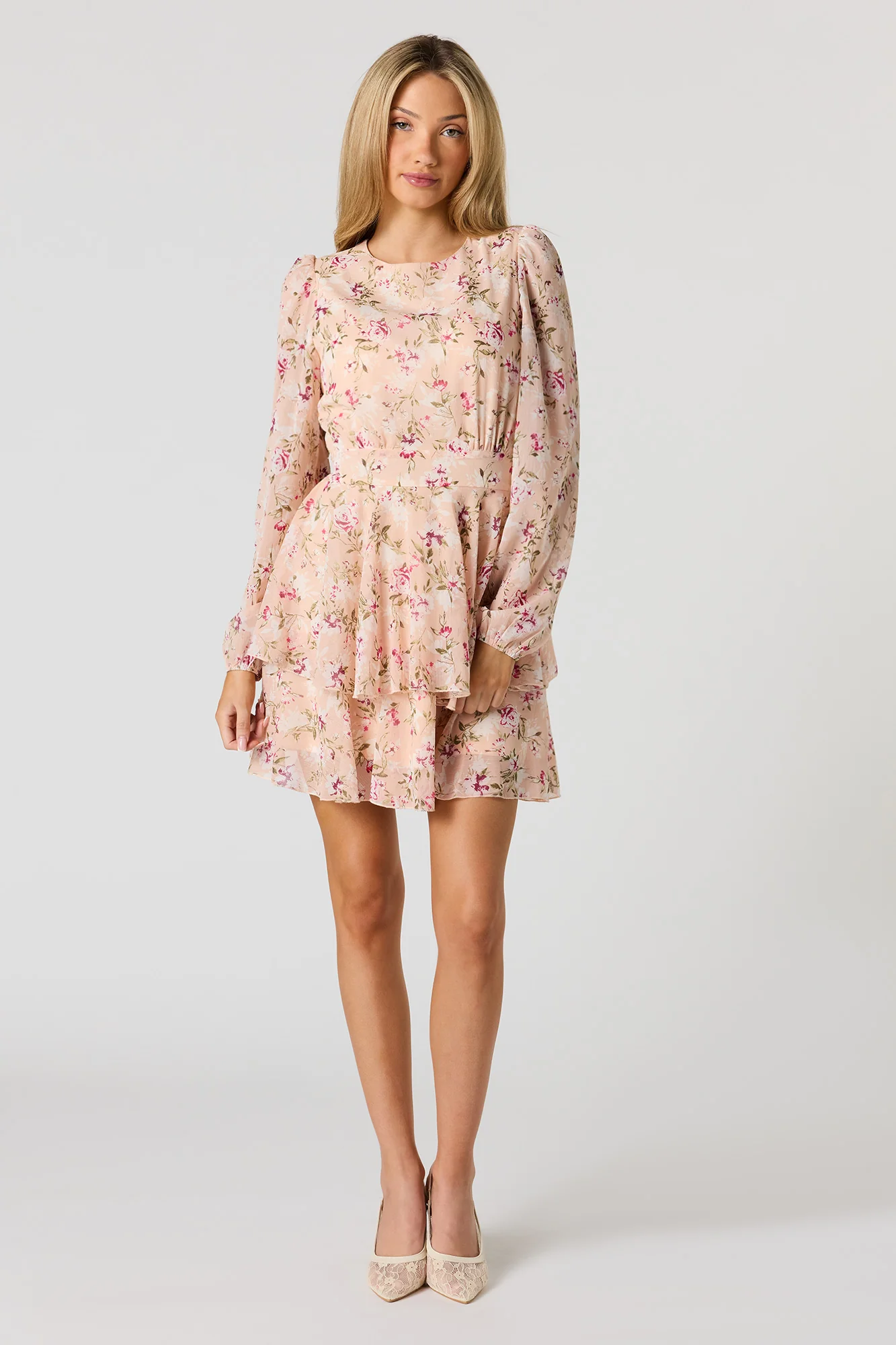 Chiffon Tiered Long Sleeve Mini Dress - Image 9