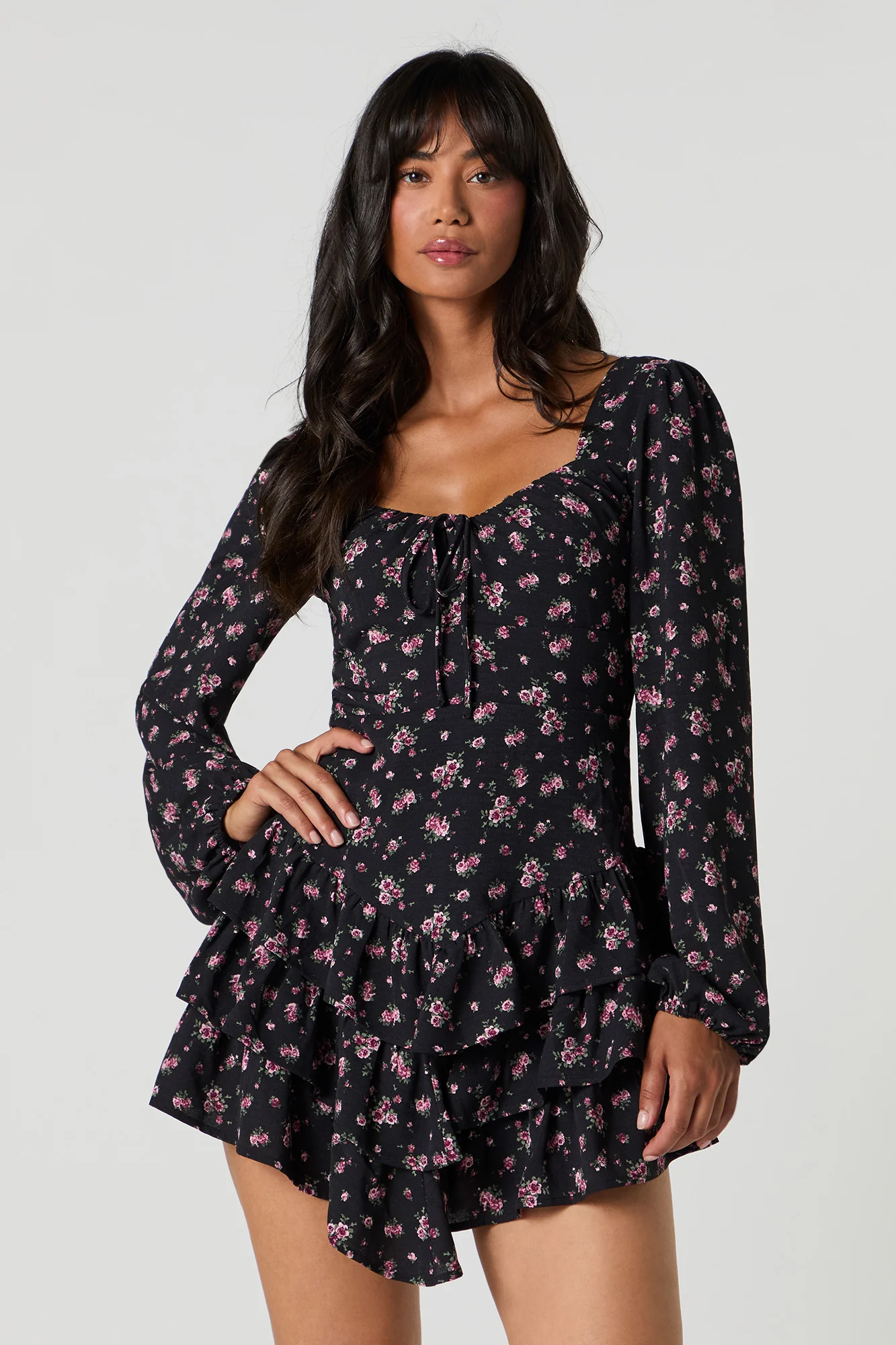 Flowy Tiered Long Sleeve Mini Dress - Image 4