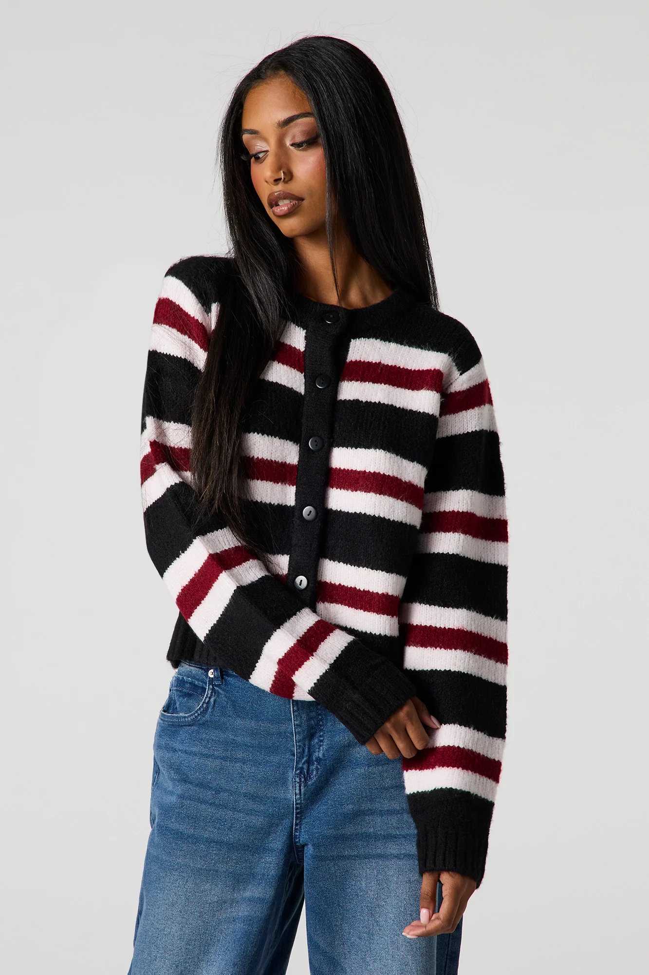 Striped Mossy Knit Button-Up Cardigan