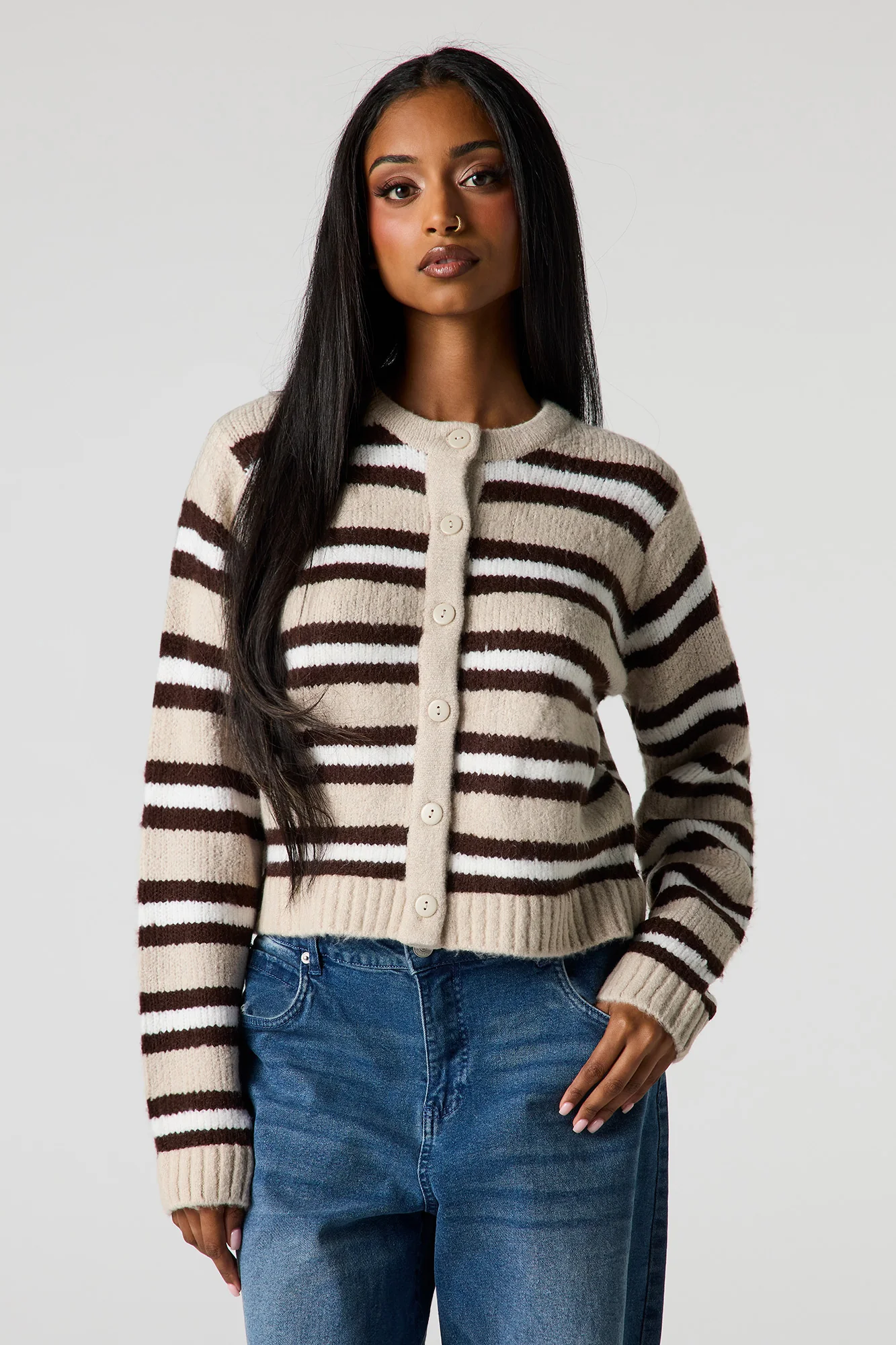 Striped Mossy Knit Button-Up Cardigan - Image 10