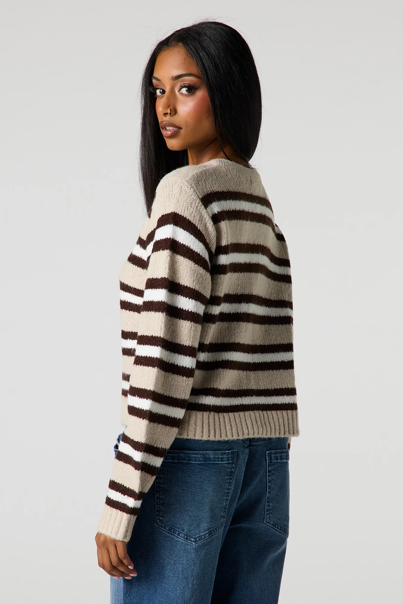 Striped Mossy Knit Button-Up Cardigan - Image 11