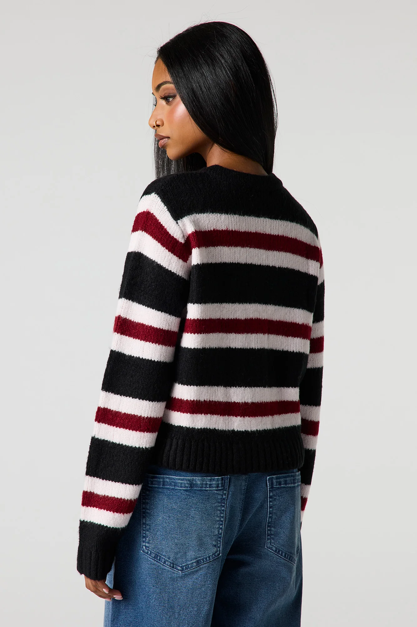 Striped Mossy Knit Button-Up Cardigan - Image 2