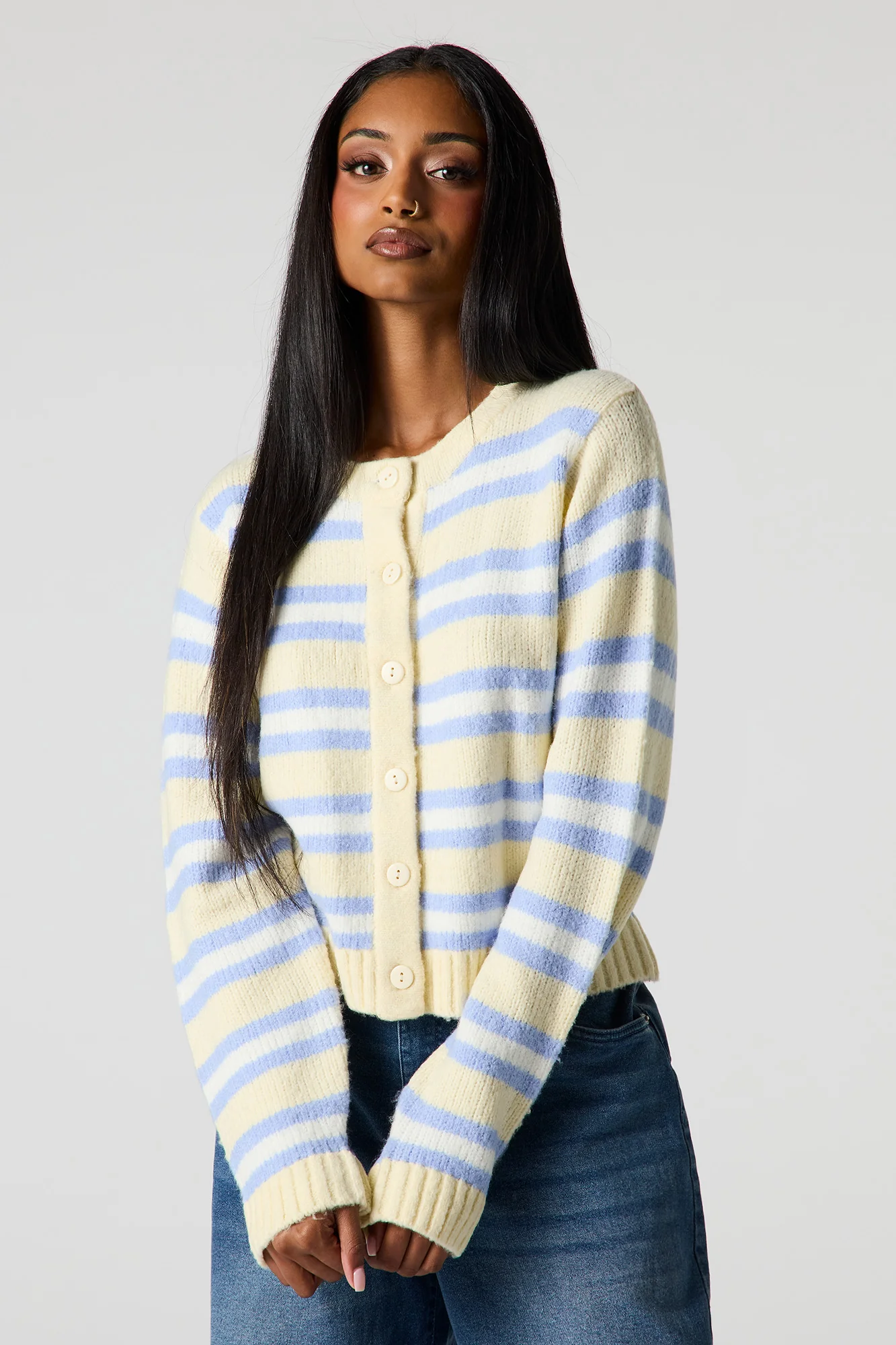 Striped Mossy Knit Button-Up Cardigan - Image 4