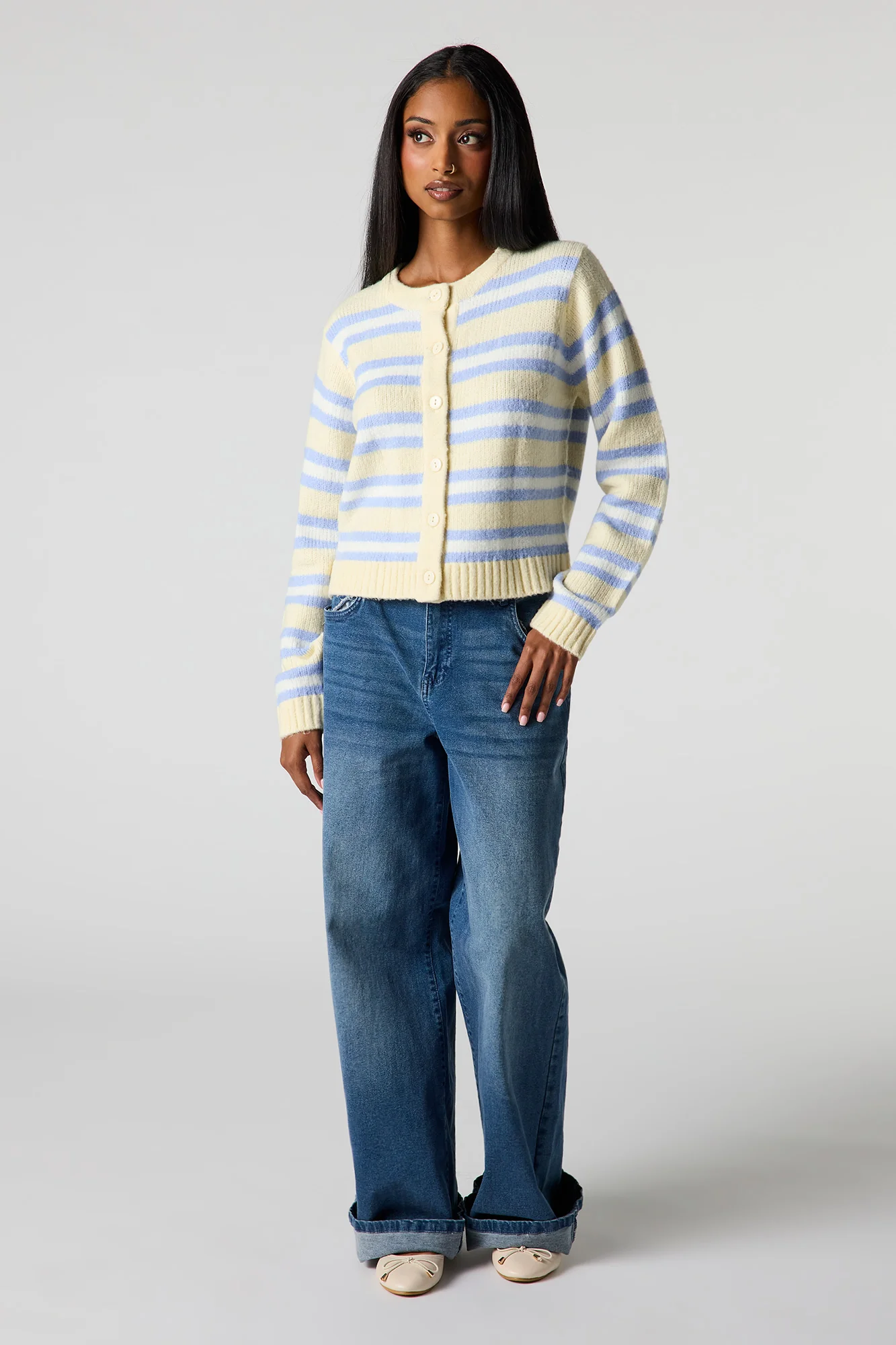 Striped Mossy Knit Button-Up Cardigan - Image 6