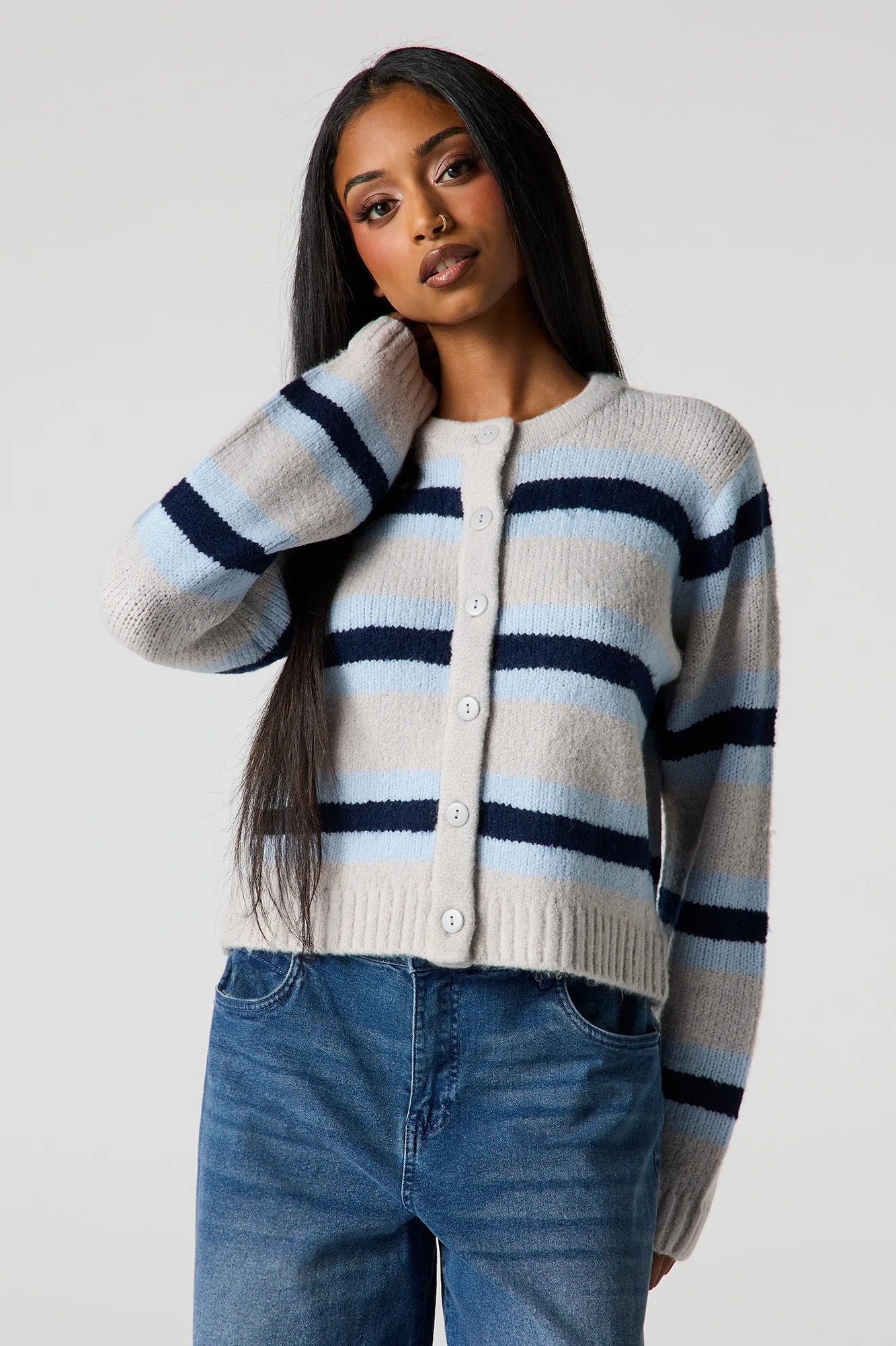 Striped Mossy Knit Button-Up Cardigan - Image 7