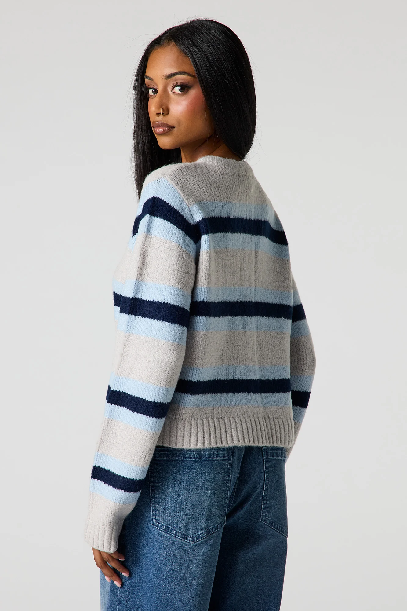 Striped Mossy Knit Button-Up Cardigan - Image 8