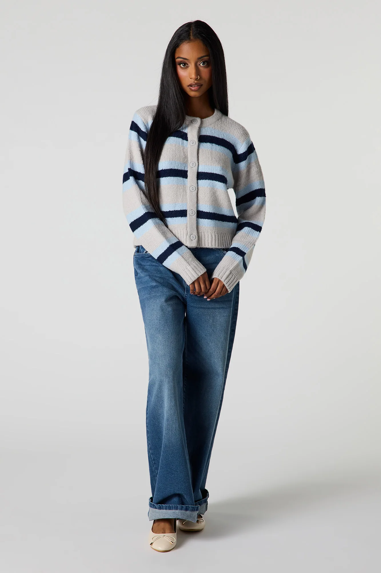 Striped Mossy Knit Button-Up Cardigan - Image 9
