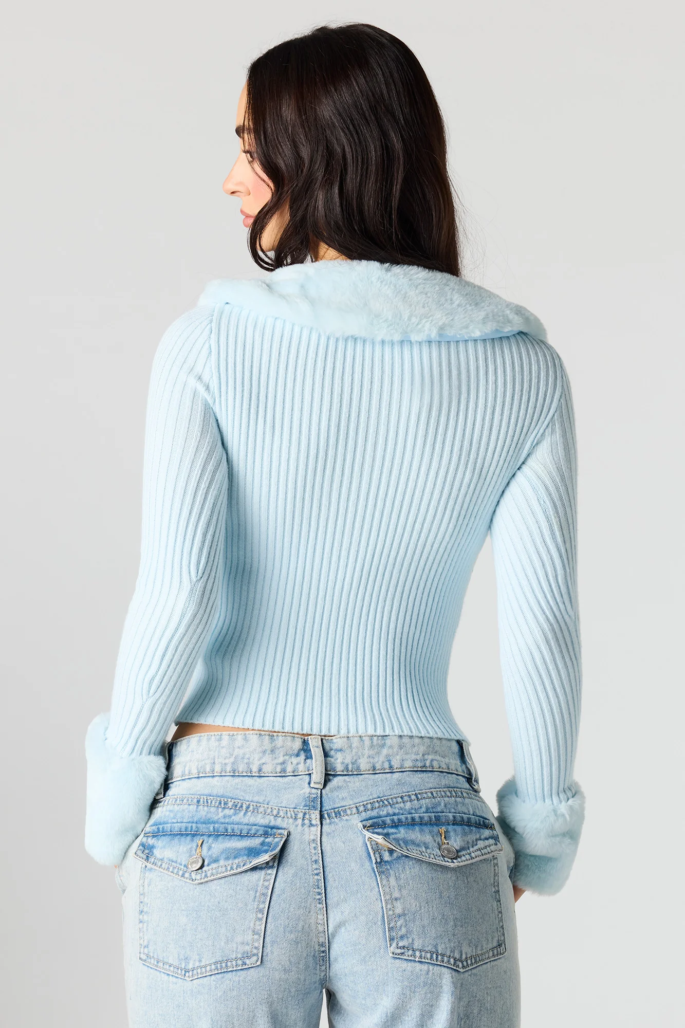 Faux Fur Trim Button-Up Sweater - Image 11