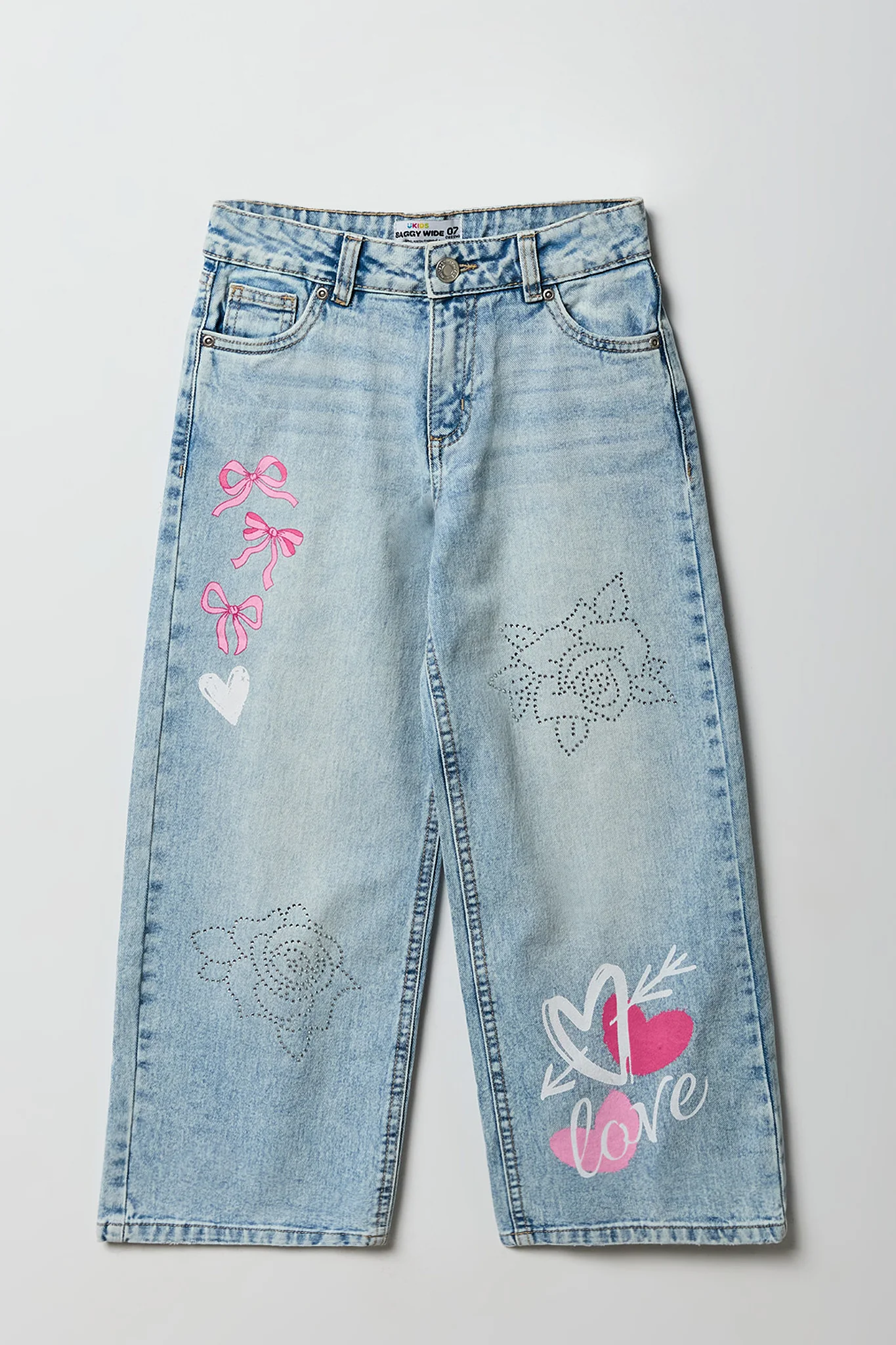 Girls Rhinestone Graphic Baggy Wide Leg Jean