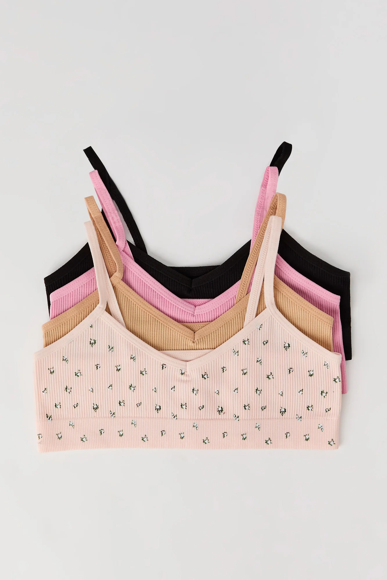 Girls Floral & Solid Seamless Ribbed Bralette (4 Pack)